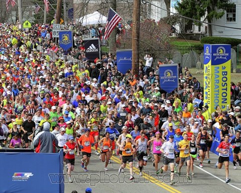Framed Runners start the 117th running of the Boston Marathon, in Hopkinton, Massachusetts, Monday, April 15, 2013 Print