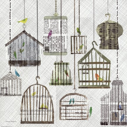 Framed Birdcages Collage Square I Print