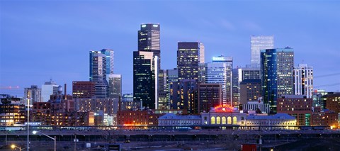 Framed Buildings lit up at dusk, Denver, Colorado Print