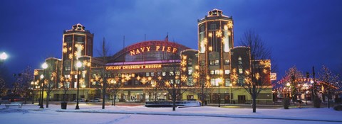 Framed Facade Of A Building Lit Up At Dusk, Navy Pier, Chicago, Illinois, USA Print