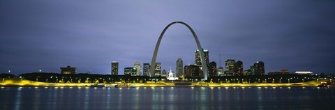 Framed Buildings Lit Up At Dusk, Mississippi River, St. Louis, Missouri, USA Print