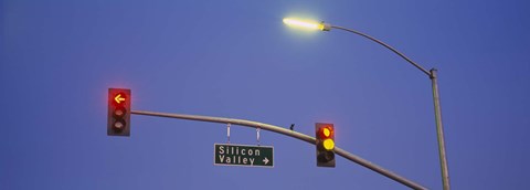 Framed Low angle view of traffic lights and a street sign, Silicon Valley, San Francisco, California Print