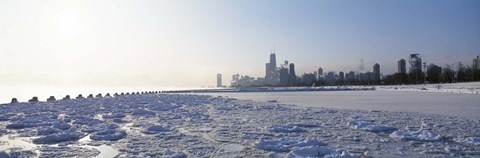 Framed Frozen lake with a city in the background, Lake Michigan, Chicago, Illinois Print