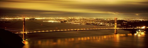 Framed Golden Gate Bridge and San Francisco Skyline Lit Up at Night Print