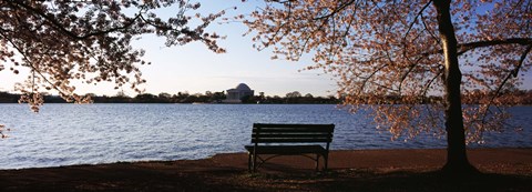 Framed Park bench with a memorial in the background, Jefferson Memorial, Tidal Basin, Potomac River, Washington DC, USA Print