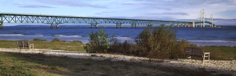 Framed Suspension bridge across a strait, Mackinac Bridge, Mackinaw City, Michigan, USA Print