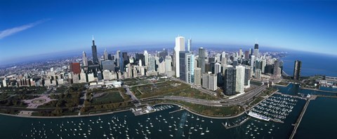 Framed Aerial view of a park in a city, Millennium Park, Lake Michigan, Chicago, Cook County, Illinois Print