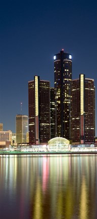 Framed Skyscrapers lit up at dusk, Renaissance Center, Detroit River, Detroit, Michigan, USA Print