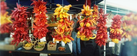 Framed Strands of chili peppers hanging in a market stall, Pike Place Market, Seattle, King County, Washington State, USA Print