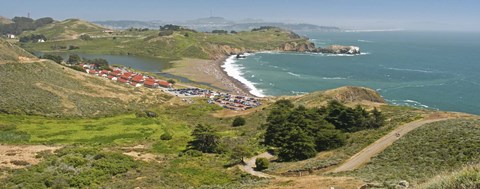 Framed High angle view of a coast, Marin Headlands, Rodeo Cove, San Francisco, Marin County, California, USA Print