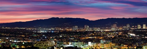 Framed High angle view of a city at dusk, Culver City, Santa Monica Mountains, West Los Angeles, Westwood, California, USA Print