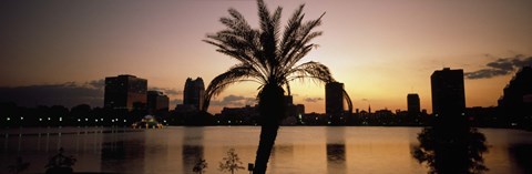 Framed Silhouette of buildings at the waterfront, Lake Eola, Summerlin Park, Orlando, Orange County, Florida, USA Print