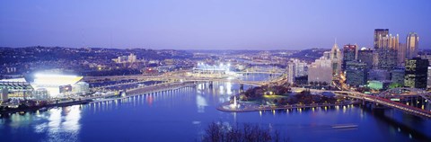 Framed Pittsburgh skyscrapers and Heinz Stadium at night Print