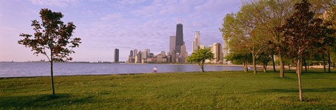 Framed Trees in a park with lake and buildings in the background, Lincoln Park, Lake Michigan, Chicago, Illinois, USA Print