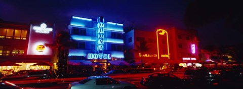 Framed Low Angle View Of A Hotel Lit Up At Night, Miami, Florida, USA Print