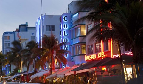 Framed Hotels lit up at dusk in a city, Miami, Miami-Dade County, Florida, USA Print
