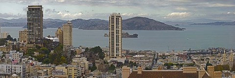 Framed Buildings in a city with Alcatraz Island in San Francisco Bay, San Francisco, California, USA Print