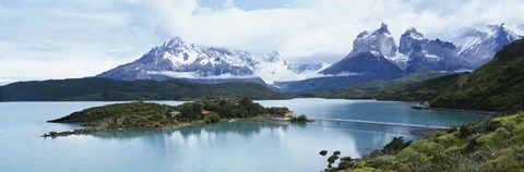 Framed Island in a lake, Lake Pehoe, Hosteria Pehoe, Cuernos Del Paine, Torres del Paine National Park, Patagonia, Chile Print