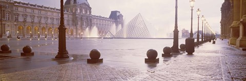 Framed Street lights lit up at dawn, Louvre Pyramid, Musee Du Louvre, Paris, France Print