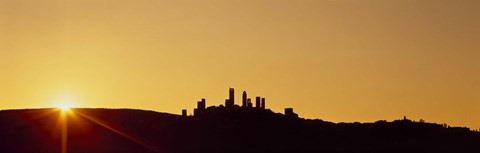 Framed Silhouette of a town on a hill at sunset, San Gimignano, Tuscany, Italy Print