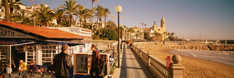 Framed Tourists in a cafe, Tapas Cafe, Sitges Beach, Catalonia, Spain Print