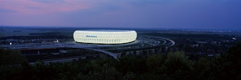 Framed Soccer stadium lit up at nigh, Allianz Arena, Munich, Bavaria, Germany Print