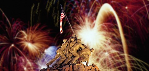 Framed Digital Composite, Fireworks Highlight the Marine Corps War Memorial, Arlington, Virginia, USA Print