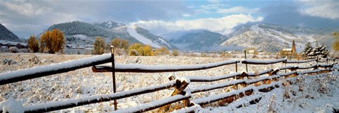 Framed Wooden fence covered with snow at the countryside, Colorado, USA Print