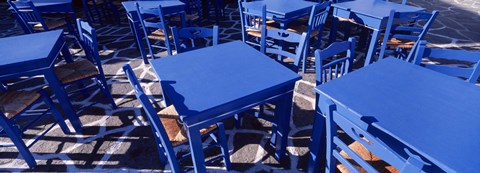Framed High angle view of tables and chairs at a sidewalk cafe, Paros, Cyclades Islands, Greece Print