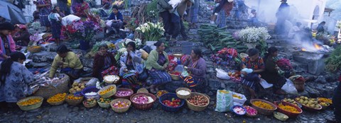 Framed High Angle View Of A Group Of People In A Vegetable Market, Solola, Guatemala Print