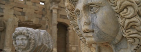 Framed Close-up of statues in an old ruined building, Leptis Magna, Libya Print