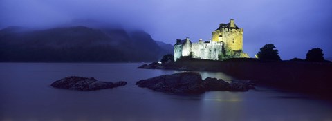 Framed Castle lit up at dusk, Eilean Donan Castle, Loch Duich, Dornie, Highlands Region, Scotland Print