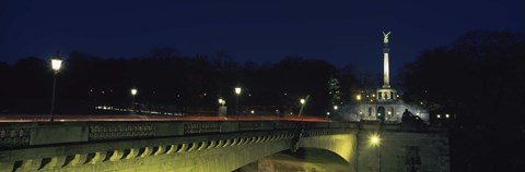 Framed Bridge with a monument lit up at night, Friedensengel, Munich, Bavaria, Germany Print