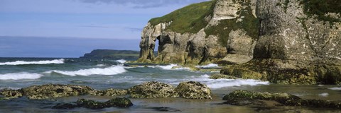 Framed Rock formations on the beach, Whiterocks Beach, Portrush, County Antrim, Northern Ireland Print
