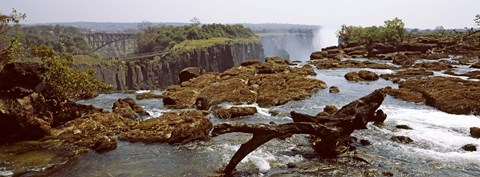 Framed Log on the rocks at the top of the Victoria Falls with Victoria Falls Bridge in the background, Zimbabwe Print