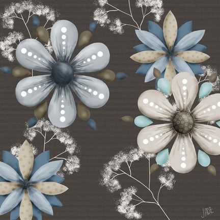 Framed Blue Floral on Sepia I Print