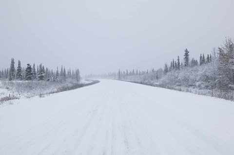 Framed Highway passing through a snow covered landscape, George Parks Highway, Denali National Park, Alaska, USA Print