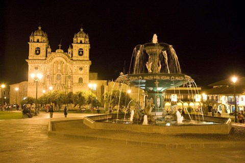 Framed Fountain lit up at night at a town square, Cuzco, Cusco Province, Cusco Region, Peru Print
