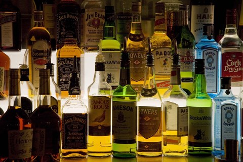 Framed Bottles of Liquor, De Luan&#39;s Bar, Ballydowane, County Waterford, Ireland Print
