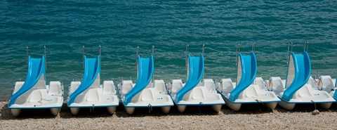 Framed Slide boats on beach, Lac de Sainte Croix, Alpes-de-Haute-Provence, Provence-Alpes-Cote d&#39;Azur, France Print