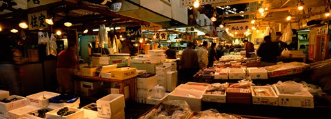 Framed People buying fish in a fish market, Tsukiji Fish Market, Tsukiji, Tokyo Prefecture, Kanto Region, Japan Print