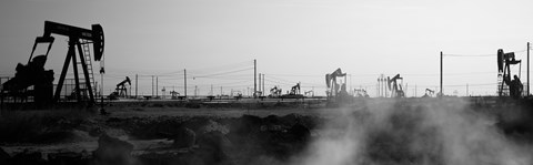 Framed Oil drills in a field, Maricopa, Kern County, California (black and white) Print