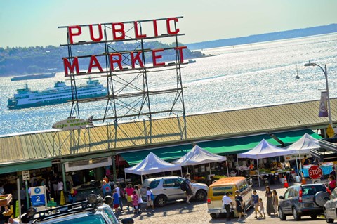 Framed People in a public market, Pike Place Market, Seattle, Washington State, USA Print