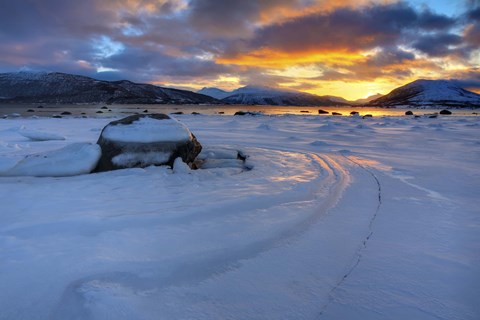 Framed winter sunset over Tjeldsundet at Evenskjer, Troms County, Norway Print