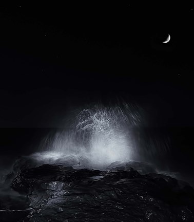 Framed crescent moon and waves splashing over rocks in Miramar, Argentina Print