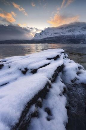 Framed cold morning in Grovfjorden, Troms County, Norway Print