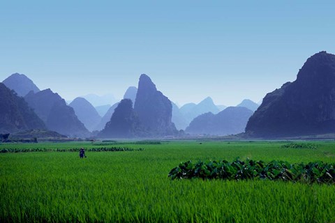 Framed Farmland with the famous limestone mountains of Guilin, Guangxi Province, China Print