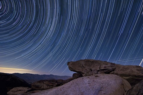 Framed Star trails and a granite rock outcropping overlooking Anza Borrego Desert State Park Print