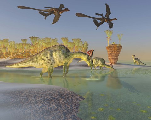 Framed Olorotitan eat duckweed in a large swamp as two Microraptors fly above Print