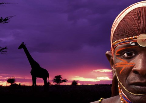 Framed Maasai Warrior with Sunset on the Serengeti, Kenya Print